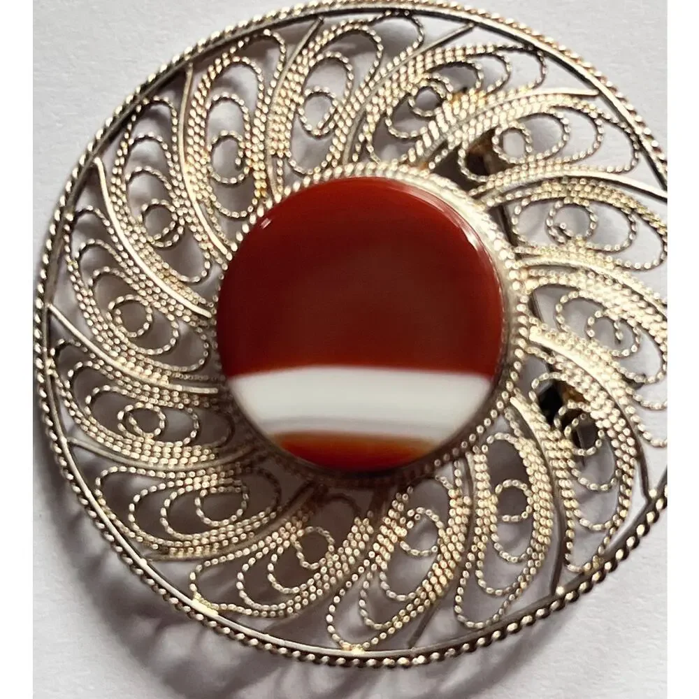Vintage Sterling Silver Circular Filigree Brooch Made In Israel
